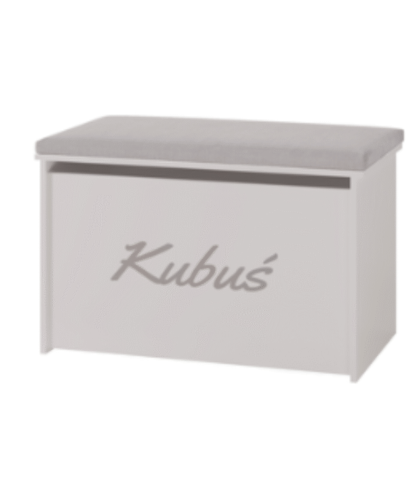 Skrzynia na zabawki DARIA – Biała z imieniem, panel szary