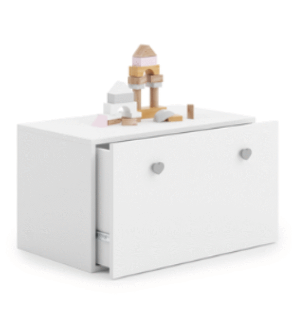 Skrzynia na zabawki INGA – Biała, uchwyty szare serduszka