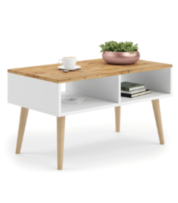 Stolik kawowy SANDI skandynawski nogi drewniane – Biały / Dąb Craft