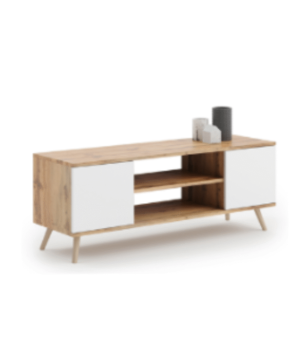 Szafka RTV FOCUS 135 cm skandynawska nogi drewniane – Dąb Craft / Biały