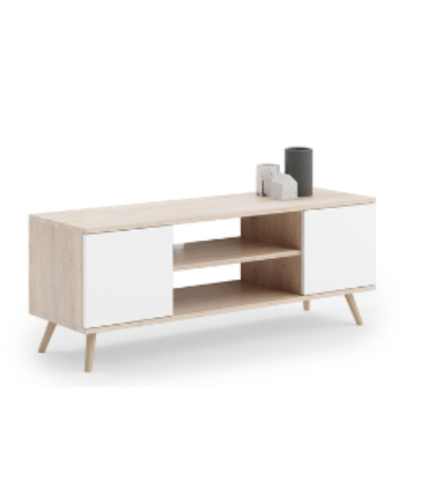 Szafka RTV FOCUS 135 cm skandynawska nogi drewniane – Dąb Sonoma / Biały