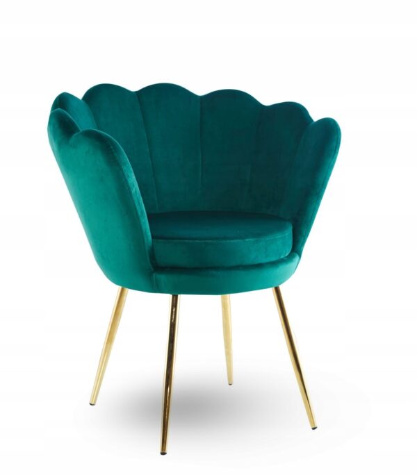 Fotel Wypoczynek Welurowy Zielony do SALONU Mała MUSZELKA ZŁOTY STELAŻ