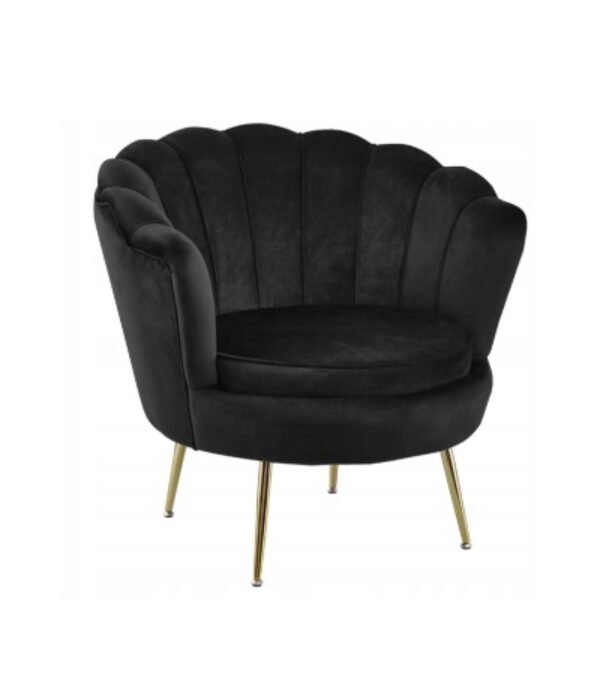 FOTEL KRZESŁO CZARNE WELUROWE MUSZELKA NA ZŁOTYCH NOGACH DO SALONU